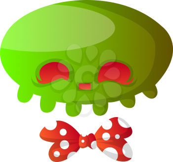 Green cartoon skull with red bowtie vector illustartion on white background