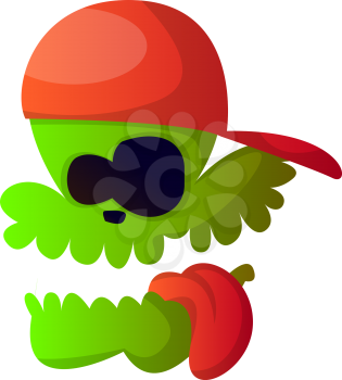 Green cartoon skull with red hat vector illustration on white background