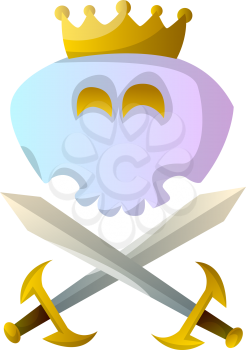 White cartoon skull with crown and swords vector illustartion on white background