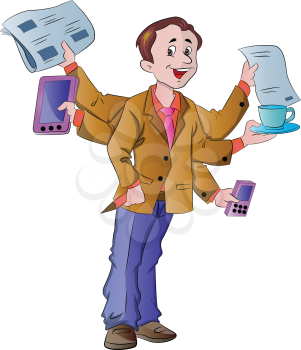 Multi-tasking Dad with Newspaper Tablet PC Pencil Mobile Phone Document and Cup of Coffee, vector illustration