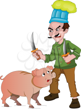 Chef with Knives to Cut Up a Pig, vector illustration