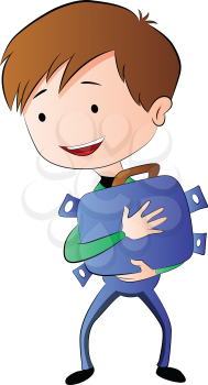Boy Hugging a Briefcase Full of Money, vector illustration