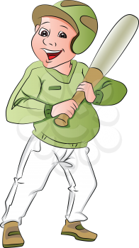 Vector illustration of happy baseball batsman holding a baseball bat.
