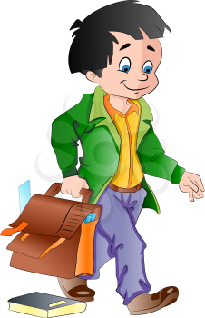 Happy boy with a School Bag emptying on the floor, vector illustration