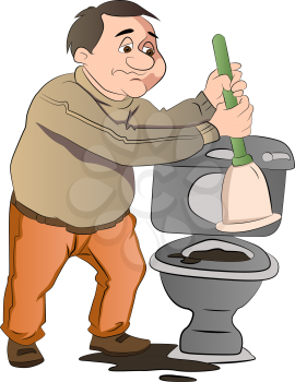 Man Cleaning a a blocked Toilet, vector illustration