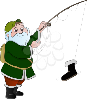 Man Fishing and Catching a Boot, vector illustration