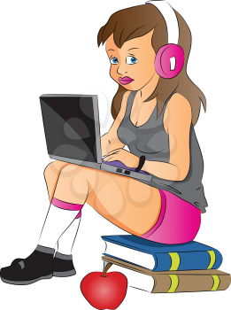 Vector illustration of a teenage girl using laptop and headphones, sitting on stack of books next to an apple.