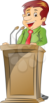 Vector illustration of a cheerful businessman giving presentation at a podium.
