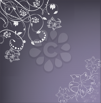 Vintage invitation card with elegant retro abstract floral design, white flowers on purple. Vector illustration.