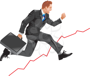 Financial success, running man with a briefcase, line graph uptrend, vector illustration