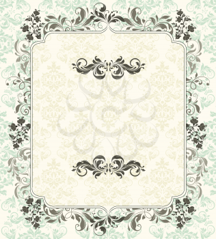 Vintage invitation card with ornate elegant abstract floral design, gray and light green on pale yellow with frame. Vector illustration.