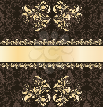 Vintage invitation card with ornate elegant abstract floral design, gold and brown flowers with ribbon. Vector illustration.