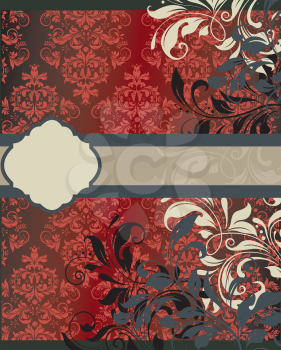 Vintage invitation card with ornate elegant abstract floral design, black white and gray flowers on red with striped ribbon. Vector illustration.
