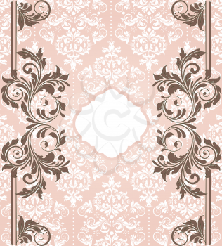 Vintage invitation card with ornate elegant abstract floral design, brown and white flowers on pink. Vector illustration.