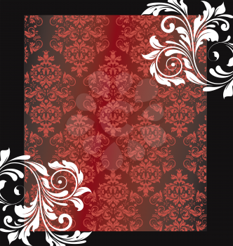 Vintage invitation card with ornate elegant abstract floral design, red and white flowers on black. Vector illustration.