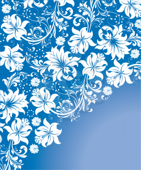 Vintage invitation card with ornate elegant abstract floral design, white flowers on blue background. Vector illustration.