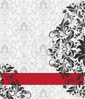 Vintage invitation card with ornate elegant abstract floral design, black flowers on gray and white background with red ribbon. Vector illustration.