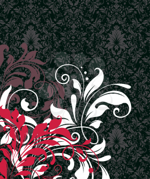 Vintage invitation card with ornate elegant abstract floral design, tuscan red and white flowers on gray and black background. Vector illustration.