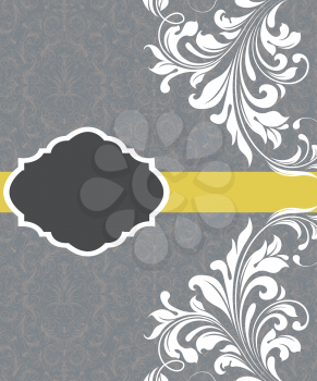 Vintage invitation card with ornate elegant abstract floral design, white flowers on bluish gray background with yellow ribbon. Vector illustration.