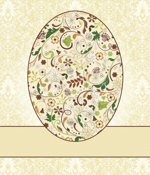Vintage Easter invitation card with ornate elegant retro abstract floral design, multi-colored flowers on egg with ribbon and pale yellow and white background. Vector illustration.