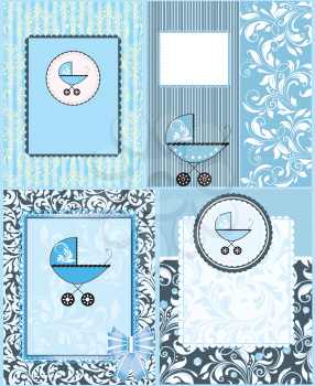 Set of four (4) vintage baby shower invitation card with ornate elegant retro abstract floral design, light blue with baby carriage. Vector illustration.