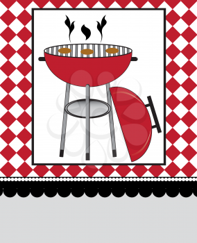 Vintage barbecue party invitation card with ornate elegant retro abstract design, red barbecue grill on checkered red and white background. Vector illustration.