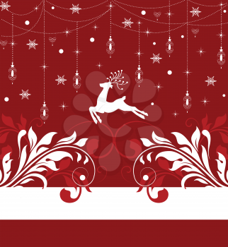 Vintage Christmas card with ornate elegant abstract floral design, hanging ornaments with red and white flowers and reindeer lanterns snow snowflakes stars and ribbon on dark red background on red background. Vector illustration.
