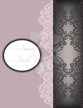 Vintage invitation card with ornate elegant retro abstract floral design, pale light purple and gray flowers and leaves on pale purple and gray black background with divider and oblong text label. Vector illustration.
