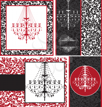 Set of four (4) vintage invitation cards with ornate elegant retro abstract floral design, white red or black flowers and leaves on white red or black background with chandelier and text label. Vector illustration.
