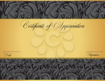 Vintage certificate of appreciation with ornate elegant retro abstract floral design, dark gray flowers and leaves on black and gold background with tri-section. Vector illustration.