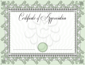 Vintage certificate of appreciation with ornate elegant retro abstract floral design, black and laurel green flowers and leaves on pale green background with frame border. Vector illustration.