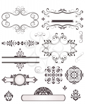 Vintage labels and border elements with ornate elegant retro abstract floral design, dark gray flowers and leaves on light gray background. Vector illustration.

