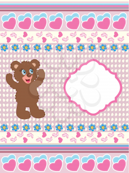 Vintage Valentine card with cute ornate elegant retro abstract design, cute brown teddy bear with blue and yellow flowers on light pink and pale yellow background with butterflies hearts ribbon and plaque text label. Vector illustration.
