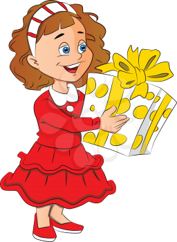 Vector illustration of a cute little girl holding christmas present.