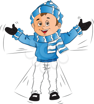 Vector illustration of a happy little boy in warm clothing, making a snow angel.