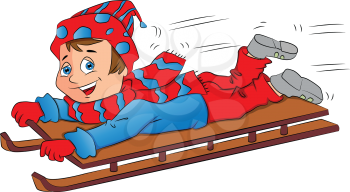 Vector illustration of excited little boy on sleigh.