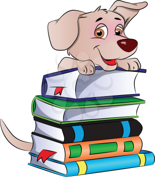 Vector illustration of a clever and cute dog on stack of books.