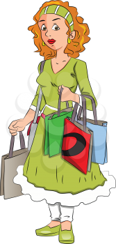 Vector illustration of unhappy woman over-burdened with shopping bags.