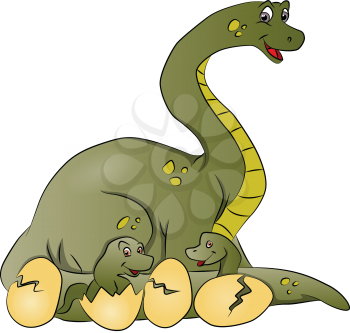 Vector illustration of dinosaur mother with newborn coming out of cracked eggshells.