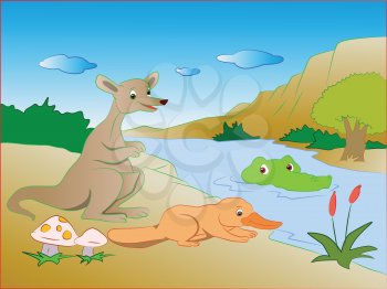 Vector illustration of crocodile sneaking on kangaroo and platypus on lakeside.