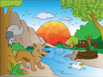 Vector illustration of scared squirrel and fox watching snake on other side of the lake.