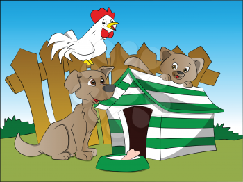 Vector illustration of curious dog, squirrel and hen next to a house with bone in foreground.
