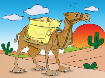 Vector illustration of camel with load on saddle in desert region.