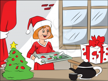Vector illustration of happy woman with christmas cookies on tray, tea kettle and christmas tree in foreground.