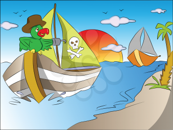 Vector illustration of parrot wearing a hat on sailing pirate's boat.