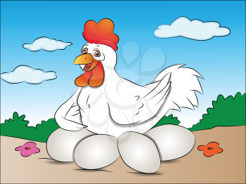 Vector illustration of hen with her eggs.