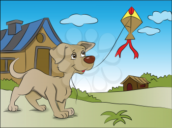 Vector illustration of dog flying kite next to a house.