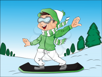Vector illustration of happy teenage boy snowboarding.