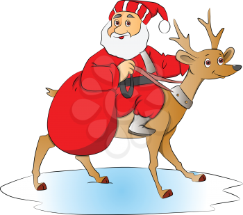 Vector illustration of Santa Claus with sack, riding a deer.