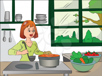Vector illustration of woman cooking food in domestic kitchen.